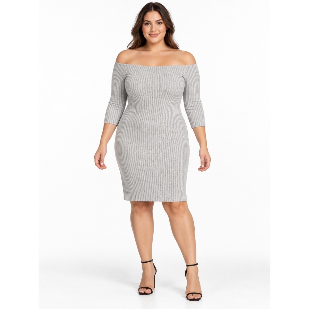 NWT Hot Kiss Gray Ribbed Off Shoulder Bodycon Stretch Knit Dress XL B00D2656HEA